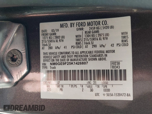 2019 Ford Transit Connect XLT z VIN NM0GE9F25K1426807, wystawiony jako IAAI lot #41877730 z przebiegiem 85 305 mil mil oraz . Historia ofert i sprzedaży dostępna na DreamBid. Obrazek 9.