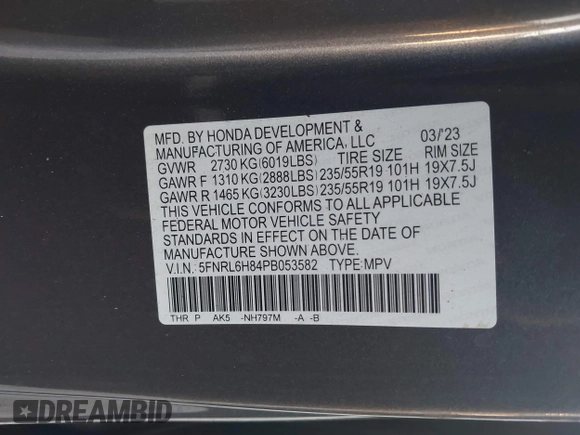 2023 Honda Odyssey Touring with VIN 5FNRL6H84PB053582, listed as a IAAI auction lot 42012108 with Not Provided miles and . Bid and sale history available at DreamBid. Image 9.