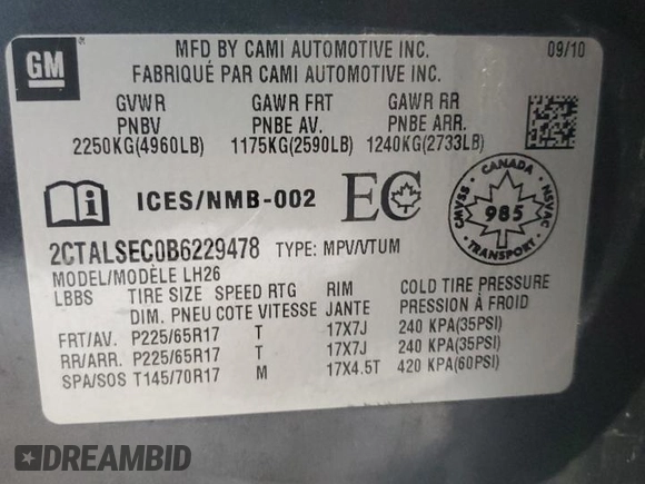 2011 GMC Terrain SLE-2 with VIN 2CTALSEC0B6229478, listed as a Copart auction lot 40755594 with 192,792 mi miles and Clean Title. Bid and sale history available at DreamBid. Image 12.