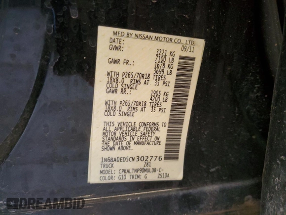 2012 Nissan Titan SV with VIN 1N6BA0ED5CN302776, listed as a Copart auction lot 55096625 with 128,484 mi miles and Salvage title. Bid and sale history available at DreamBid. Image 12.