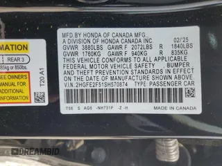 2025 Honda Civic Sport with VIN 2HGFE2F51SH570874, listed as a Copart auction lot 51715905 with 3,086 mi miles and Salvage title. Bid and sale history available at DreamBid. Image 12.