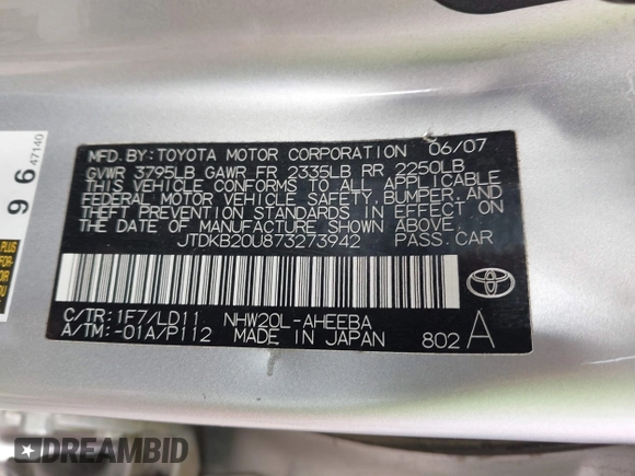 2007 Toyota Prius z VIN JTDKB20U873273942, wystawiony jako IAAI lot #42113046 z przebiegiem 126 635 mil mil oraz . Historia ofert i sprzedaży dostępna na DreamBid. Obrazek 9.