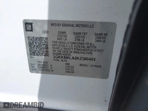 2019 GMC Acadia SLE with VIN 1GKKNKLA2KZ180403, listed as a IAAI auction lot 41723072 with 85,933 mi miles. Bid and sale history available at carsss.com. Image 9.