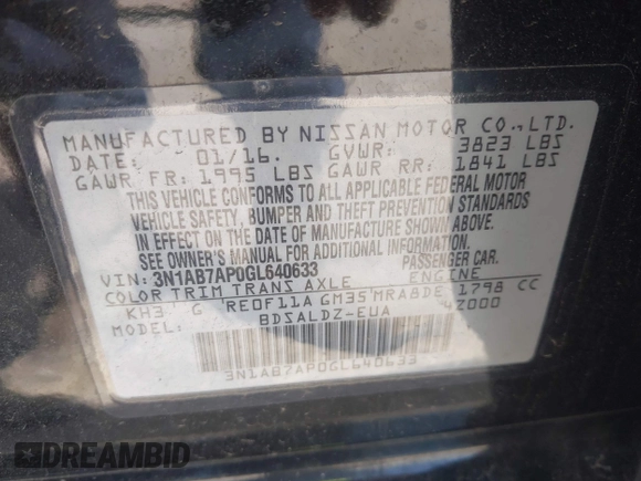 2016 Nissan Sentra SR with VIN 3N1AB7AP0GL640633, listed as a IAAI auction lot 41833162 with 119,794 mi miles and . Bid and sale history available at DreamBid. Image 9.