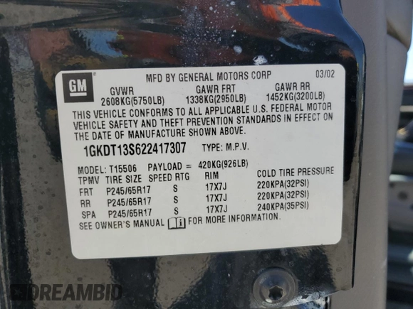 2002 GMC Envoy SLT with VIN 1GKDT13S622417307, listed as a Copart auction lot 52563685 with 188,109 mi miles and Clean Title. Bid and sale history available at carsss.com. Image 13.