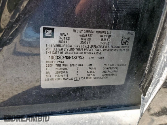 2017 Chevrolet Colorado 2WD LT with VIN 1GCGSCEN8H1331848, listed as a Copart auction lot 57828645 with 95,448 mi miles and Salvage title. Bid and sale history available at DreamBid. Image 12.