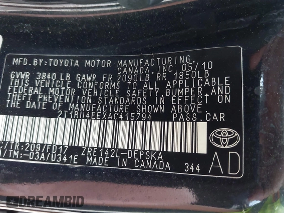 2010 Toyota Corolla with VIN 2T1BU4EEXAC415794, listed as a IAAI auction lot 42741061 with 246,975 mi miles and . Bid and sale history available at DreamBid. Image 9.