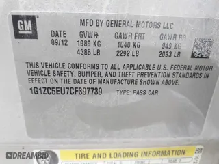 2012 Chevrolet Malibu LT w/1LT with VIN 1G1ZC5EU7CF397739, listed as a IAAI auction lot 41937777 with 226,102 mi miles. Bid and sale history available at carsss.com. Image 9.