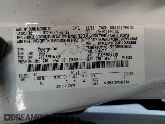 2013 Ford Focus SE z VIN 1FADP3F23DL222405, wystawiony jako Copart lot #54747795 z przebiegiem 88 472 mil mil oraz Szkody całkowita. Historia ofert i sprzedaży dostępna na DreamBid. Obrazek 12.