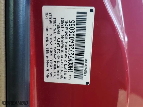 2005 Honda Accord Cpe EX with VIN 1HGCM72735A009055, listed as a Copart auction lot 88988225 with NaN miles and Non Repairable. Bid and sale history available at carsss.com. Image 12.
