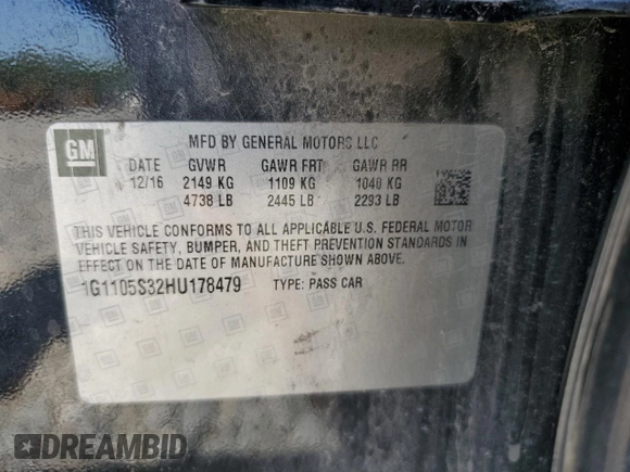 2017 Chevrolet Impala LT with VIN 1G1105S32HU178479, listed as a Copart auction lot 52513265 with 203,266 mi miles and Salvage Title. Bid and sale history available at DreamBid. Image 12.