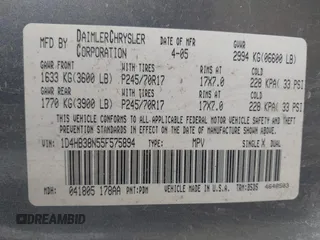 2005 Dodge Durango SXT с VIN 1D4HB38N55F575894, выставлен на аукционе IAAI как лот 42257542 с пробегом 260 069 миль миль и . История ставок и продаж доступна на DreamBid. Изображение 9.
