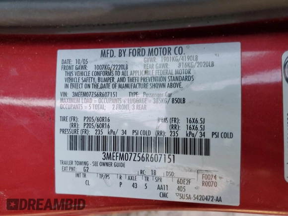 2006 Mercury Milan with VIN 3MEFM07Z56R607151, listed as a Copart auction lot 84704544 with 228,205 mi miles and Salvage title. Bid and sale history available at DreamBid. Image 12.