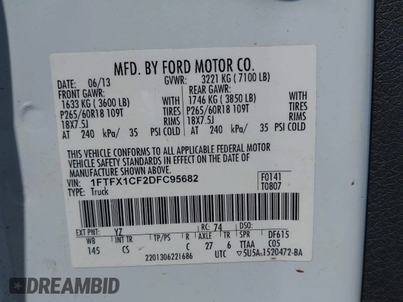 2013 Ford F-150 XL with VIN 1FTFX1CF2DFC95682, listed as a IAAI auction lot 42420917 with 149,518 mi miles and . Bid and sale history available at DreamBid. Image 9.