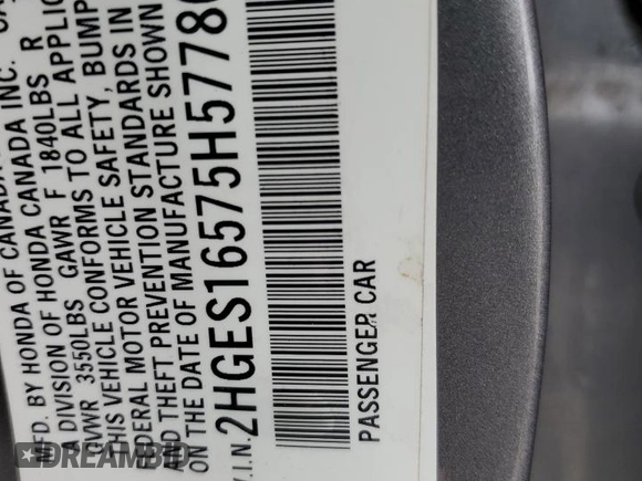 2005 Honda Civic LX z VIN 2HGES16575H577864, wystawiony jako Copart lot #55830085 z przebiegiem Nie podano mil oraz Szkoda całkowita • Salvage title. Historia ofert i sprzedaży dostępna na DreamBid. Obrazek 12.