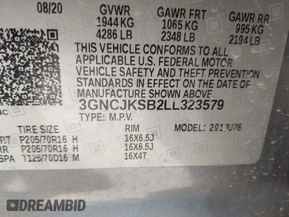 2020 Chevrolet Trax LS with VIN 3GNCJKSB2LL323579, listed as a IAAI auction lot 41791102 with 25,871 mi miles. Bid and sale history available at carsss.com. Image 9.
