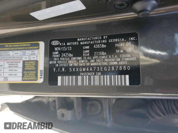 2014 Kia Optima LX with VIN 5XXGM4A73EG287880, listed as a Copart auction lot 61608025 with 130,624 mi miles and Salvage title. Bid and sale history available at DreamBid. Image 12.