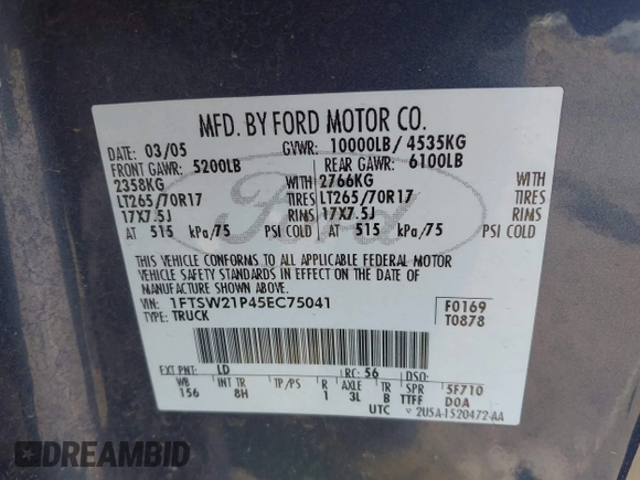 2005 Ford F-250 XL with VIN 1FTSW21P45EC75041, listed as a IAAI auction lot 42227527 with 172,863 mi miles and . Bid and sale history available at DreamBid. Image 9.