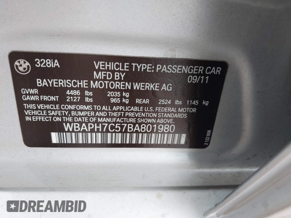 2011 BMW 3 Series 328i with VIN WBAPH7C57BA801980, listed as a IAAI auction lot 42100423 with 130,048 mi miles and . Bid and sale history available at DreamBid. Image 9.