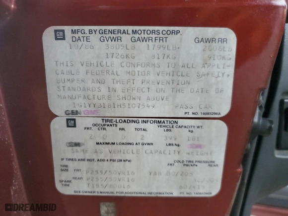 1987 Chevrolet Corvette with VIN 1G1YY3181H5107549, listed as a Copart auction lot 80636944 with 92,561 mi miles and Salvage Title. Bid and sale history available at carsss.com. Image 12.