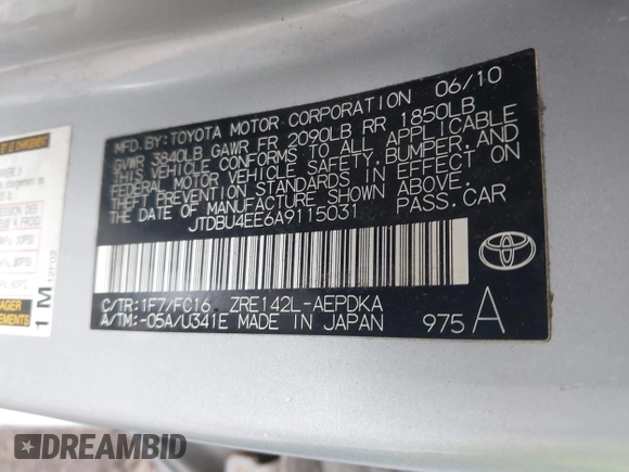 2010 Toyota Corolla with VIN JTDBU4EE6A9115031, listed as a IAAI auction lot 42074142 with 180,225 mi miles. Bid and sale history available at carsss.com. Image 9.