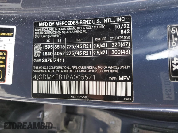 2023 Mercedes-Benz EQS 580 z VIN 4JGDM4EB1PA005571, wystawiony jako Copart lot #48388705 z przebiegiem Nie podano mil oraz Szkoda całkowita • Salvage title. Historia ofert i sprzedaży dostępna na DreamBid. Obrazek 14.