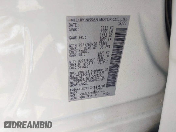 2024 Nissan Titan Pro-4X with VIN 1N6AA1ED7RN101486, listed as a IAAI auction lot 42243136 with 39,223 mi miles and . Bid and sale history available at DreamBid. Image 9.
