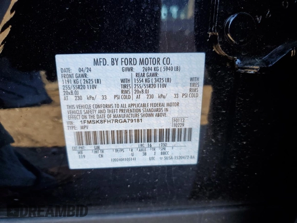 2024 Ford Explorer Limited with VIN 1FMSK8FH7RGA79181, listed as a Copart auction lot 86560974 with 6,010 mi miles and Salvage Title. Bid and sale history available at carsss.com. Image 13.