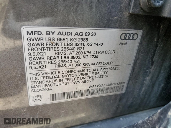 2021 Audi Q7 Prestige с VIN WA1VXAF72MD013689, выставлен на аукционе Copart как лот 54754415 с пробегом 80 996 миль миль и Списание • Salvage title. История ставок и продаж доступна на DreamBid. Изображение 13.