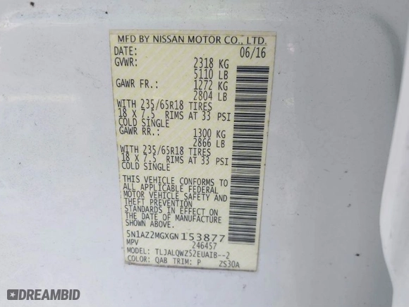 2016 Nissan Murano S with VIN 5N1AZ2MGXGN153877, listed as a IAAI auction lot 41837774 with 74,132 mi miles. Bid and sale history available at carsss.com. Image 9.