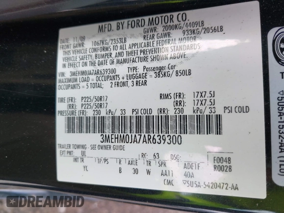 2010 Mercury Milan Premier with VIN 3MEHM0JA7AR639300, listed as a IAAI auction lot 42087582 with 229,400 mi miles. Bid and sale history available at carsss.com. Image 9.