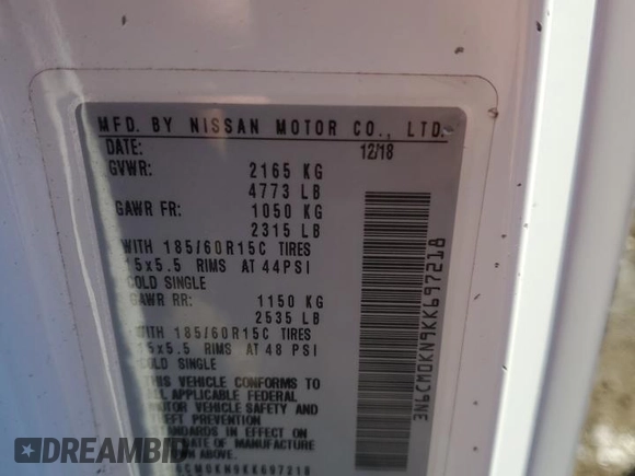 2019 Nissan NV200 S with VIN 3N6CM0KN9KK697218, listed as a Copart auction lot 61312095 with 111,543 mi miles and Salvage title. Bid and sale history available at DreamBid. Image 12.