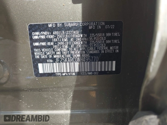 2022 Subaru Forester Touring with VIN JF2SKARC0NH495770, listed as a IAAI auction lot 42214841 with 36,509 mi miles and . Bid and sale history available at DreamBid. Image 9.