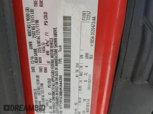 2017 Ford Transit with VIN 1FTYR1CM8HKA44390, listed as a Copart auction lot 73079434 with Not Provided miles and Salvage Title. Bid and sale history available at DreamBid. Image 13.