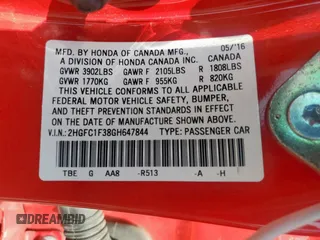 2016 Honda Civic EX-T z VIN 2HGFC1F38GH647844, wystawiony jako Copart lot #57120305 z przebiegiem 136 629 mil mil oraz Szkoda całkowita • Salvage title. Historia ofert i sprzedaży dostępna na DreamBid. Obrazek 13.