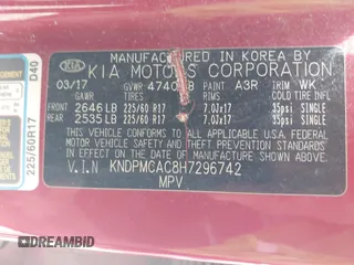2017 Kia Sportage LX with VIN KNDPMCAC8H7296742, listed as a IAAI auction lot 42096883 with 160,511 mi miles and . Bid and sale history available at carsss.com. Image 9.