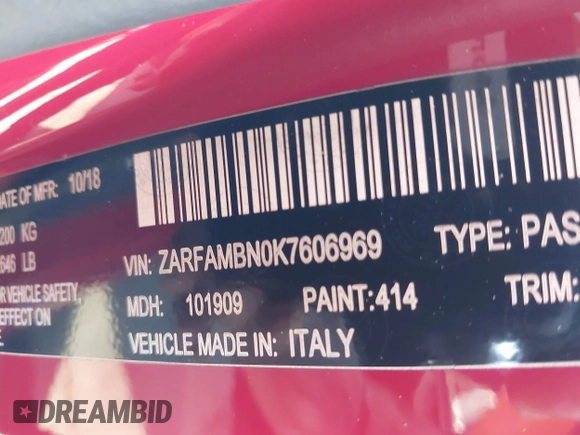2019 Alfa Romeo Giulia Ti Sport with VIN ZARFAMBN0K7606969, listed as a IAAI auction lot 41962828 with 46,544 mi miles and . Bid and sale history available at DreamBid. Image 9.
