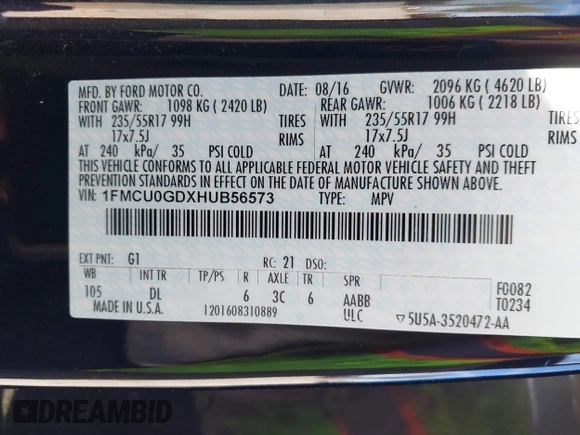 2017 Ford Escape SE with VIN 1FMCU0GDXHUB56573, listed as a IAAI auction lot 41694558 with 145,902 mi miles. Bid and sale history available at carsss.com. Image 9.
