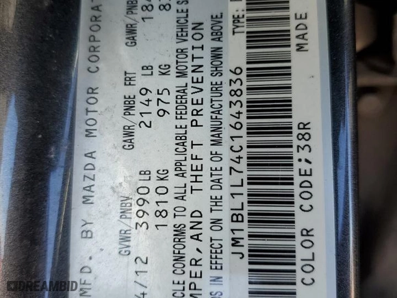 2012 Mazda Mazda3 i Touring with VIN JM1BL1L74C1643836, listed as a Copart auction lot 45978125 with 129,547 mi miles and Salvage Title. Bid and sale history available at carsss.com. Image 14.