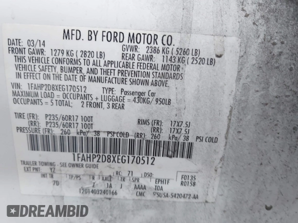 2014 Ford Taurus SE с VIN 1FAHP2D8XEG170512, выставлен на аукционе IAAI как лот 42142683 с пробегом 198 526 миль миль и . История ставок и продаж доступна на DreamBid. Изображение 9.