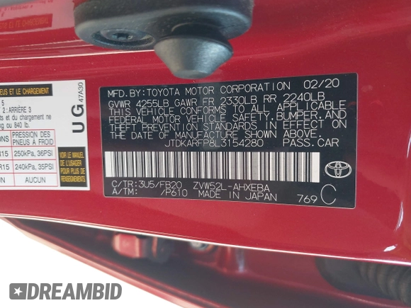 2020 Toyota Prius LE with VIN JTDKARFP8L3154280, listed as a IAAI auction lot 42405444 with 57,134 mi miles and . Bid and sale history available at DreamBid. Image 9.