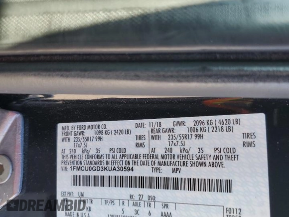2019 Ford Escape SE with VIN 1FMCU0GD3KUA30594, listed as a Copart auction lot 45931195 with 101,119 mi miles and Salvage Title. Bid and sale history available at carsss.com. Image 16.