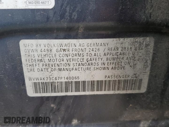 2007 Volkswagen Passat Wolfsburg Edition z VIN WVWAK73C47P140065, wystawiony jako Copart lot #57524315 z przebiegiem 189 924 mil mil oraz Szkoda całkowita • Salvage title. Historia ofert i sprzedaży dostępna na DreamBid. Obrazek 12.