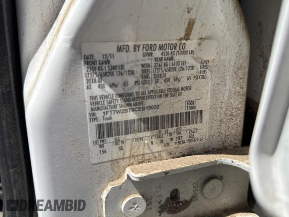 2012 Ford F-250 XL with VIN 1FT7W2BT6CEB15032, listed as a Copart auction lot 56218815 with 192,909 mi miles and Clean Title. Bid and sale history available at DreamBid. Image 10.