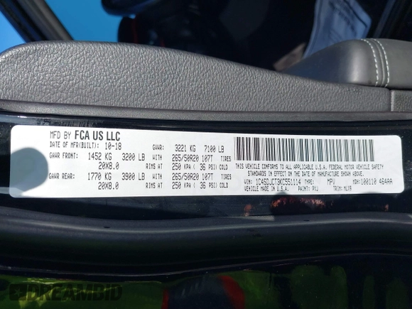 2019 Dodge Durango R/T z VIN 1C4SDJCT3KC551114, wystawiony jako IAAI lot #41833823 z przebiegiem 90 860 mil mil oraz . Historia ofert i sprzedaży dostępna na DreamBid. Obrazek 9.