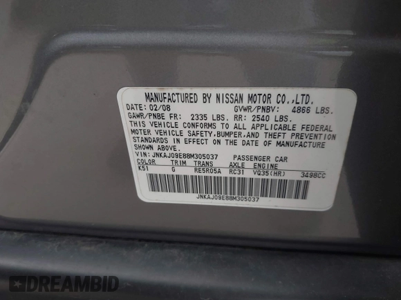 2008 Infiniti EX Journey with VIN JNKAJ09E88M305037, listed as a IAAI auction lot 41732499 with 168,203 mi miles and . Bid and sale history available at DreamBid. Image 9.