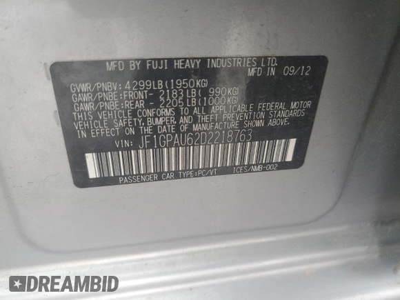 2013 Subaru Impreza Special Sports Limited z VIN JF1GPAU62D2218763, wystawiony jako Copart lot #57650525 z przebiegiem 105 306 mil mil oraz Szkoda całkowita • Salvage title. Historia ofert i sprzedaży dostępna na DreamBid. Obrazek 13.