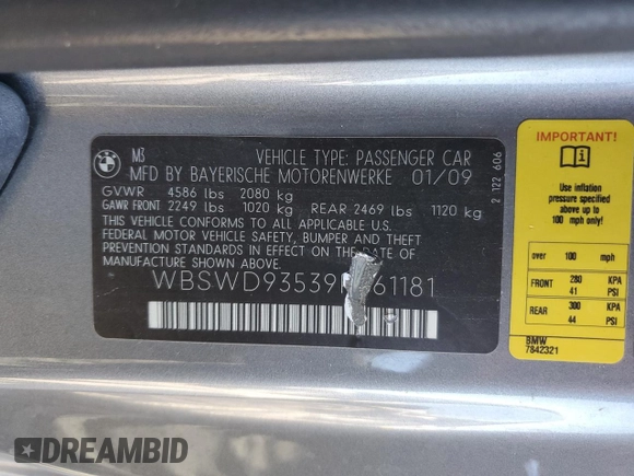 2009 BMW M3 with VIN WBSWD93539P361181, listed as a Copart auction lot 70624184 with 59,293 mi miles and Salvage title. Bid and sale history available at DreamBid. Image 12.