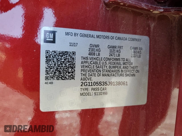 2018 Chevrolet Impala LT z VIN 2G1105S35J9138061, wystawiony jako Copart lot #57300635 z przebiegiem 133 601 mil mil oraz Szkoda całkowita • Salvage title. Historia ofert i sprzedaży dostępna na DreamBid. Obrazek 13.