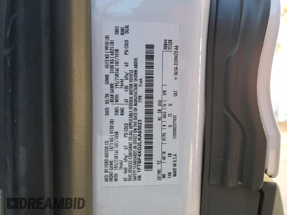 2020 Ford Transit Cargo with VIN 1FTBF4XG2LKA65023, listed as a Copart auction lot 85596194 with 155,355 mi miles and Clean Title. Bid and sale history available at DreamBid. Image 13.